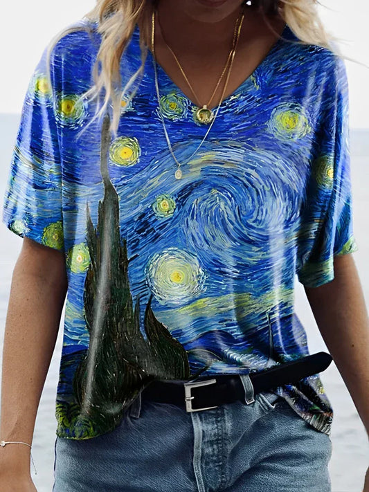 T-shirt met v-hals en van gogh-sterrenhemelprint