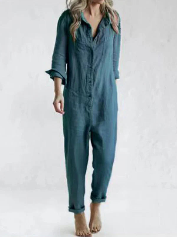 Casual jumpsuit met lange mouwen en revers met knopen